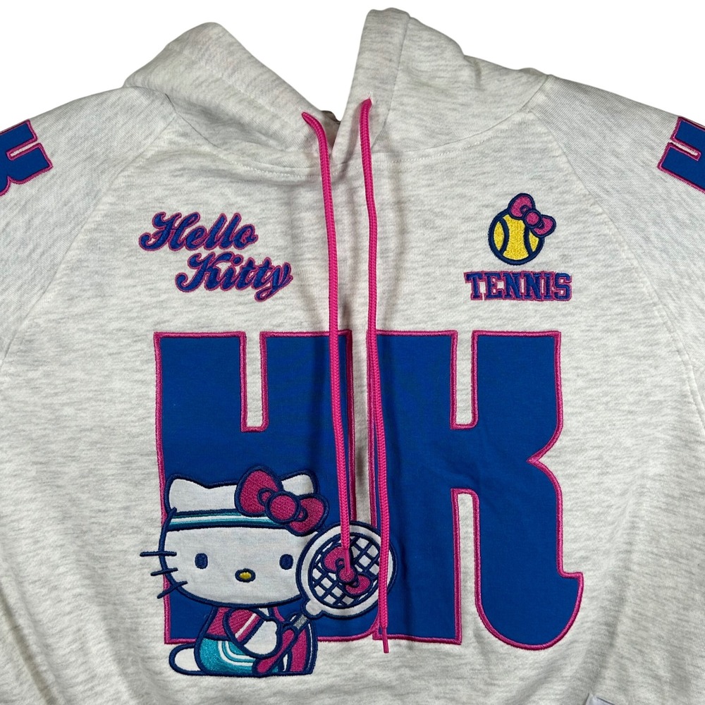 Hello Kitty Tennis Club Cropped Hoodie Ash Heather Gray Small NEW